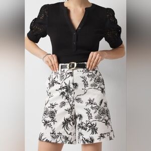 High-Waist Black & White Floral Sateen Shorts 8